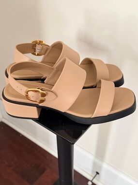 Women's Neutral Beige Slingback Sandals with Gold Buckle